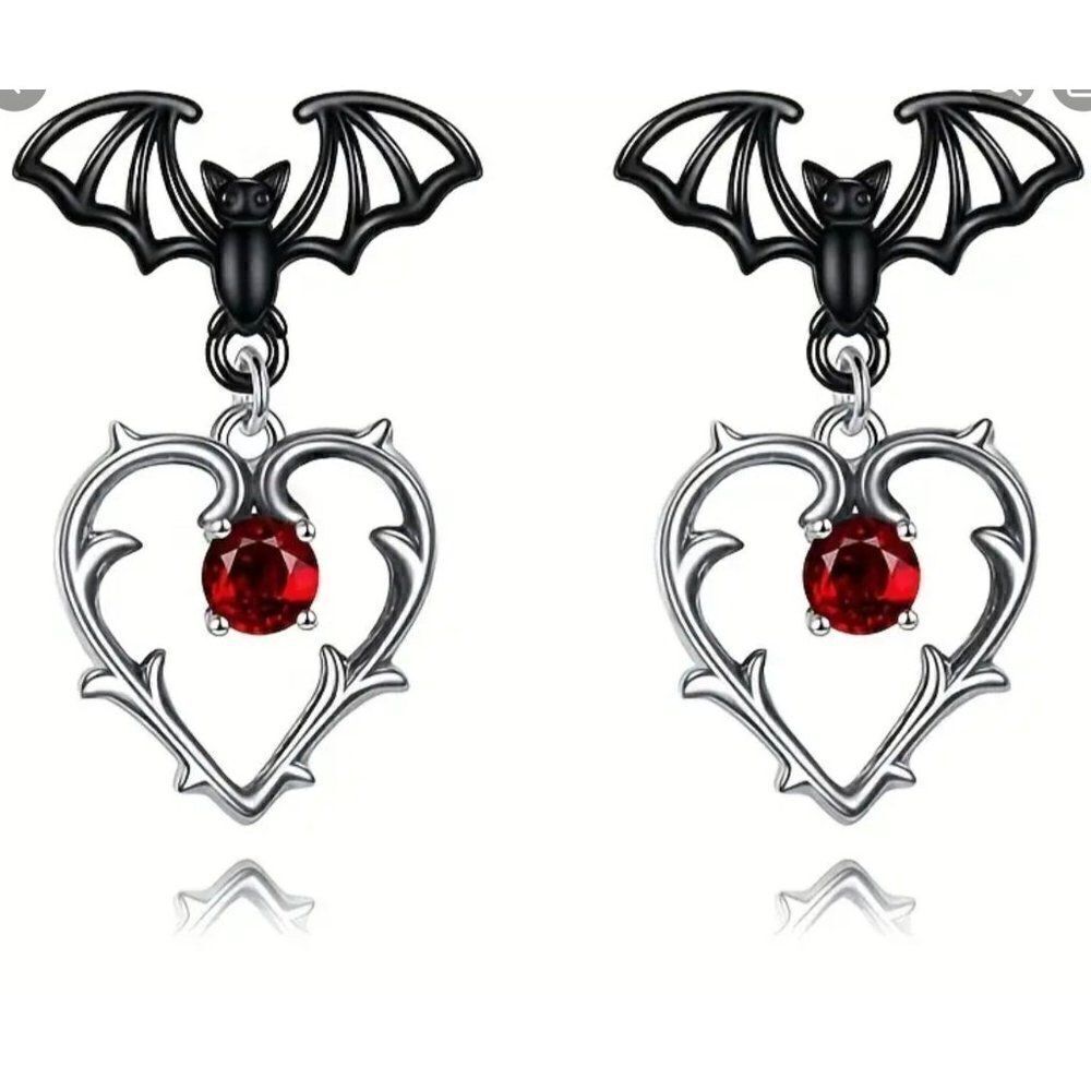 New! Gothic Bat Heart Dangle Earrings Jewelry Horror!